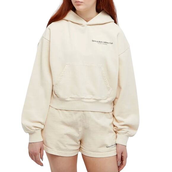 Sporty & Rich Upper East Side Cropped Hoodie Cream Logo Print Size XL - Picture 8 of 8